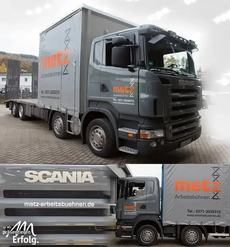 Scania LKW metz Arbeitsbühnen – Fahrzeugbeschriftung von Münch Werbetechnik Siegen